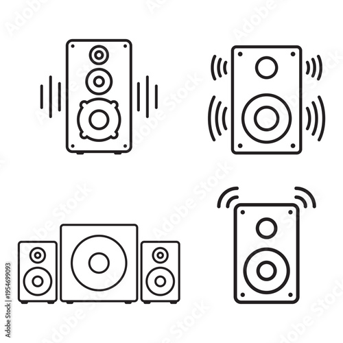 Speaker sound system icon in flat linear and outline style. Loudspeaker vector illustration on isolated background. Music subwoofer sign business concept.