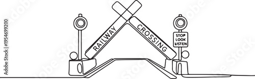Single one line drawing of railway barrier with signs and warning lights in an open position that allows vehicles to cross railway lines. One line draw graphic design vector
