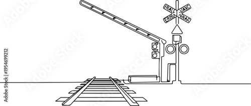 Single one line drawing of railway barrier with signs and warning lights in an open position that allows vehicles to cross railway lines. One line draw graphic design vector