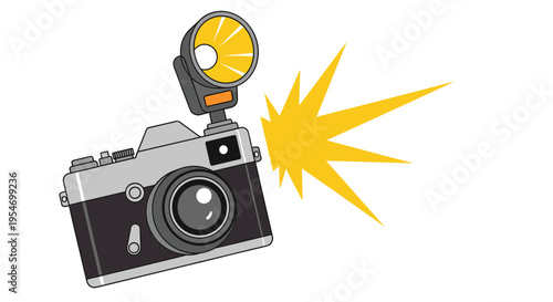Vintage silver and black film camera with a large external flash unit firing a bright yellow burst of light in a studio setting.