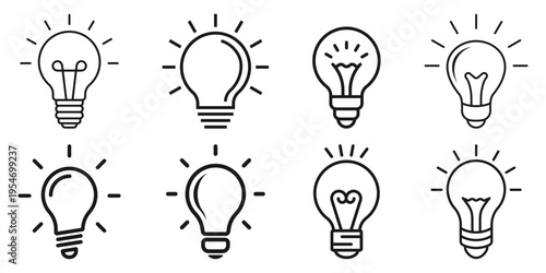 Light bulb icon set collection in flat style. Lightbulb outline stroke vector illustration on isolated background. Idea linear sign business concept.