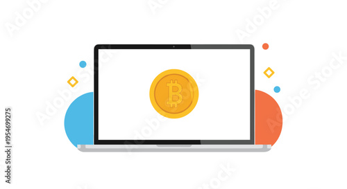 Laptop computer screen displaying a golden bitcoin cryptocurrency coin symbol against a clean white background with abstract shapes.