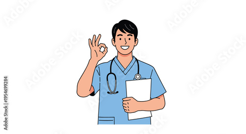 Male healthcare professional in blue scrubs holding a clipboard and making an okay hand gesture with a friendly smile.