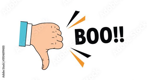 Illustration of a hand making a thumbs down gesture with the word boo displayed in bold black text and orange accents.