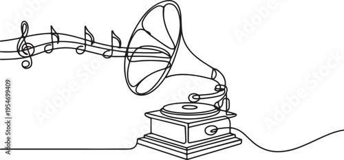 Continuous one line drawing of old retro analog gramophone with music note. One line draw graphic design vector