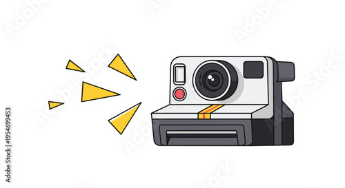 Retro style instant film camera with colorful geometric triangles floating nearby against a plain white background.