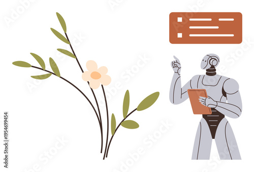 Artificial intelligence, technology innovation, sustainability, robotics, environmental science, modern design. A robot holding a clipboard near a flowering plant. Artificial intelligence