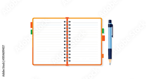 Open spiral bound orange notebook with white lined pages and a blue ballpoint pen placed on a white background.