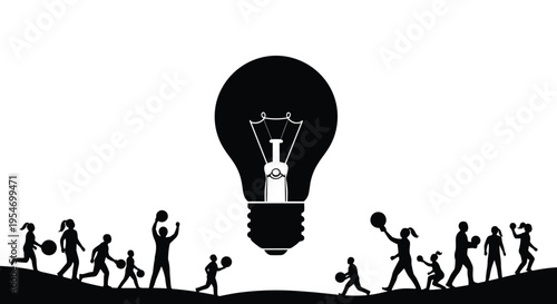 Silhouettes of active children playing with sports balls around a giant glowing lightbulb in a field at night.