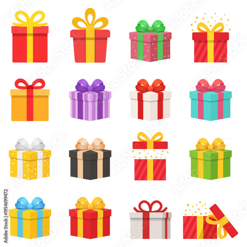 Gift box icon set collection in colorful flat style. Prize with ribbon bow vector illustration on isolated background. Christmas package sign business concept.
