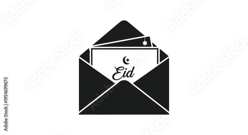 A black envelope design displaying the word Eid with a crescent moon a striking silhouette