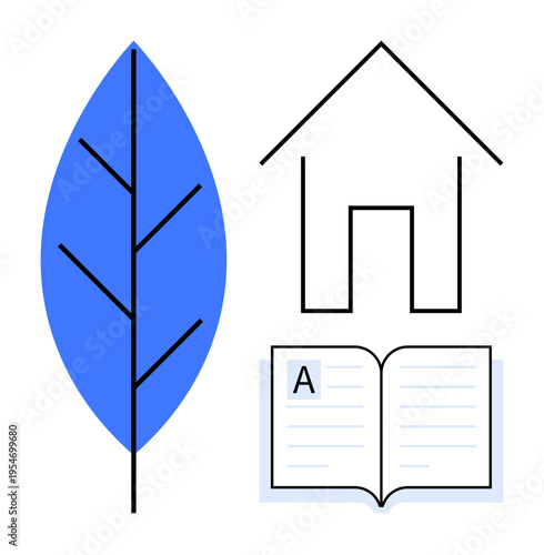 Sustainability, education, learning, home, eco-consciousness, reading. A blue leaf, open book with text and house outline. Sustainability and learning with clear symbolic elements
