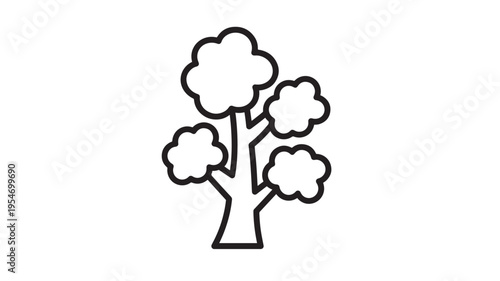 Tree with stylized fluffy leaves and a thick trunk, rendered in a simple black outline icon. featuring nature, plant, organic with growth and symbol