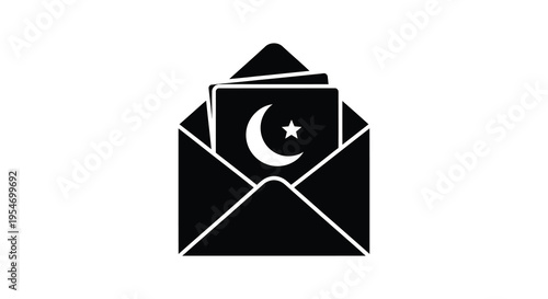 A black envelope displays a crescent moon and star emblem creating a striking silhouette high quality