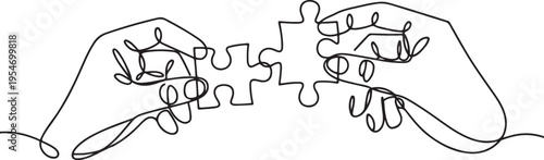 Continuous line drawing of hands solving Two Puzzle Pieces isolated on white background. One line draw graphic design vector