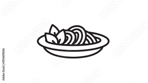 Noodles in a bowl with leaves icon, simple line drawing of pasta dish for food and cuisine graphics.