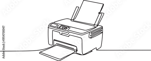One continuous line drawing of digital inkjet printer for company printing needs. Electricity small office equipment tools concept. One line draw graphic design vector