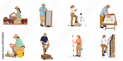 A collection of professional archaeologists performing various tasks including excavation, surveying, mapping, and documenting historical artifacts in a flat vector style.