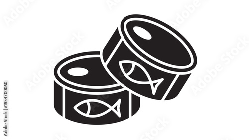 Cans of fish food with simple white fish icons on black, representing pet nourishment and convenience.