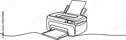 One continuous line drawing of digital inkjet printer for company printing needs. Electricity small office equipment tools concept. One line draw graphic design vector
