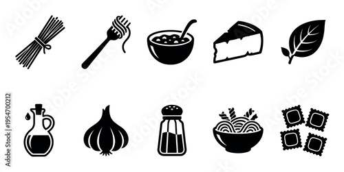 A clean vector illustration set features classic Italian food ingredients and dishes, including pasta, ravioli, garlic, olive oil, and basil, ideal for culinary themes.