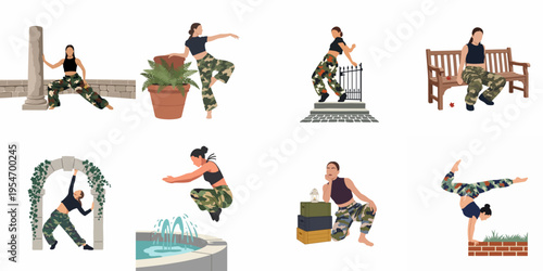 Collection of flat vector illustrations of a woman in camouflage pants posing in various outdoor settings like a park, garden, and by a fountain.