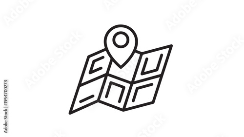 Map icon with location pin indicating a destination point on the folded paper, black outline style. featuring navigation, travel, journey with marker