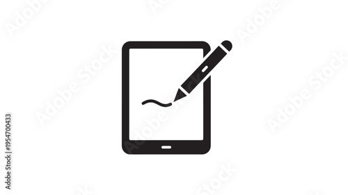 Tablet with stylus drawing a curve on screen representing digital signature or creative work. featuring pen, writing, line with icon and symbol