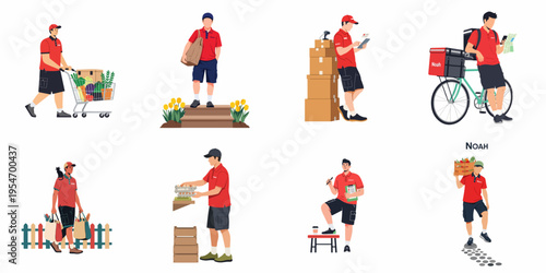Set of flat vector illustrations depicting a delivery man in various stages of food and grocery delivery service.