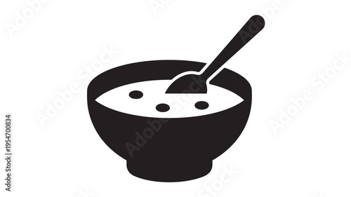 Bowl of soup icon with a spoon and bubbles, representing a warm and comforting meal, perfect for food and beverage graphics.