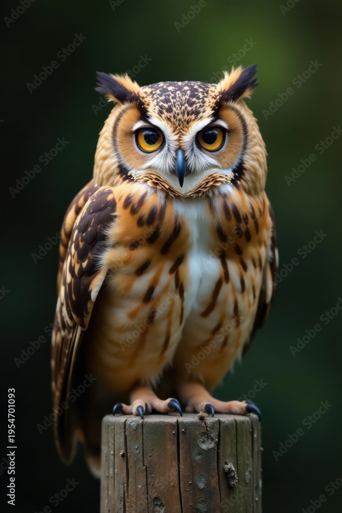 Obraz premium Small owl on rustic wooden post, intense stare , outdoor, rural, old