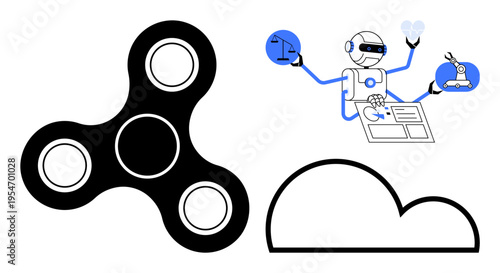 Artificial intelligence, automation, cloud storage, decision-making, productivity tools, modern technology. Robot managing tasks, cloud and fidget spinner. Artificial intelligence and automation