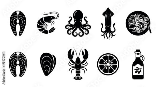 Collection of black silhouette icons representing various seafood and ingredients, perfect for culinary websites, menus, or food blogs.