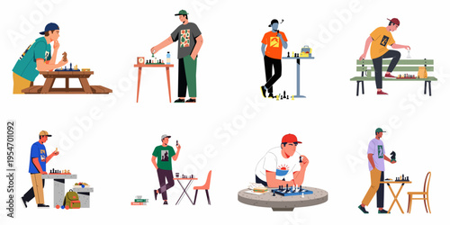 A collection of illustrations featuring young men playing chess in various outdoor settings like parks and cafes, emphasizing strategy and leisure.
