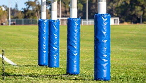 Close-up of four uprights with protective blue padding on a grassy field, white line visible, in daylight