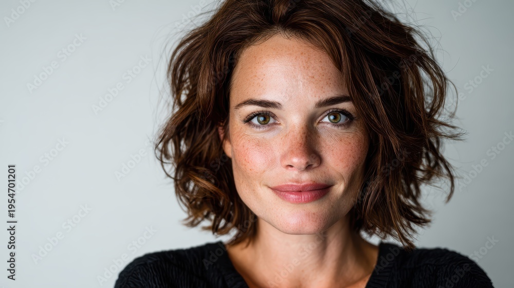 Naklejka premium A captivating portrait of a young woman with curly hair and freckles, showcasing an inviting smile that expresses confidence and warmth in a minimalistic studio backdrop.