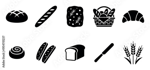 A collection of black and white flat icons representing various baked goods, including bread, croissants, and wheat.