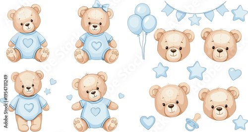 Cute Baby Teddy Bears in Blue Outfits with Hearts, Balloons, Stars, and Pacifier Elements, Adorable Nursery Illustration Set for Baby Shower and Kids Designs