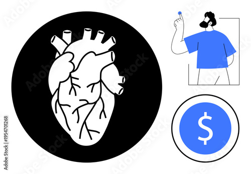 Healthcare, finance, creativity, anatomy, money management, innovation. Abstract human heart, a dollar icon and a thinker in minimalist style. Healthcare and finance concept