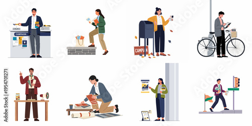 Diverse People Engaged in Various Election Campaign Activities, Distributing Flyers, and Organizing Materials in This Flat Illustration Collection