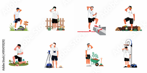 Collection of flat vector illustrations of a young man exhausted and wiping sweat during various outdoor hobbies, sports, and physical activities.