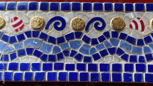 Blue Mosaic Tile Border Featuring Wave Motif and Gold Accents on White Background