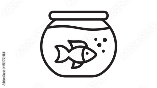 Fish in a round bowl with bubbles, a simple black and white line drawing representing a pet aquarium.