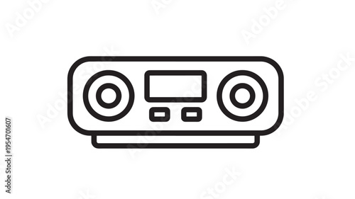 Stereo system icon with dual speakers, a digital display, and control buttons, presented as a clean line art graphic.