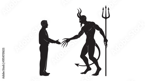 Devil silhouette with trident shaking hands with businessman silhouette in a contract negotiation featuring demon, handshake, deal with pact and evil