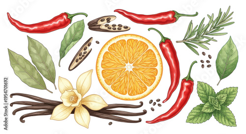 Red Chili Peppers, Orange Slice, Vanilla Beans, Herbs, and Spices Collection