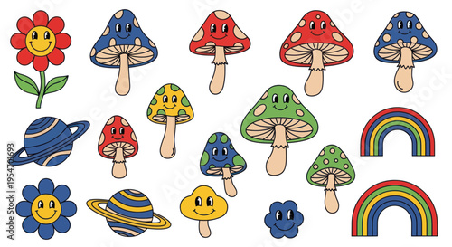 Retro Groovy Mushrooms, Flowers, Planets, Rainbows Sticker Pack