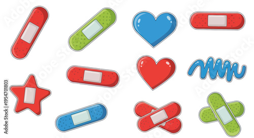 Cute Band-Aid and Heart Stickers Set, First Aid, Care, Health, Cartoon Style