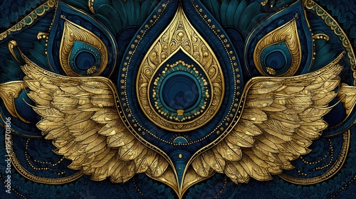 Ornate Gold Peacock Feather Emblem with Wings on Dark Blue Background