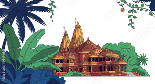 Exotic Hindu Temple Surrounded by Lush Tropical Foliage, Ornate Architecture
